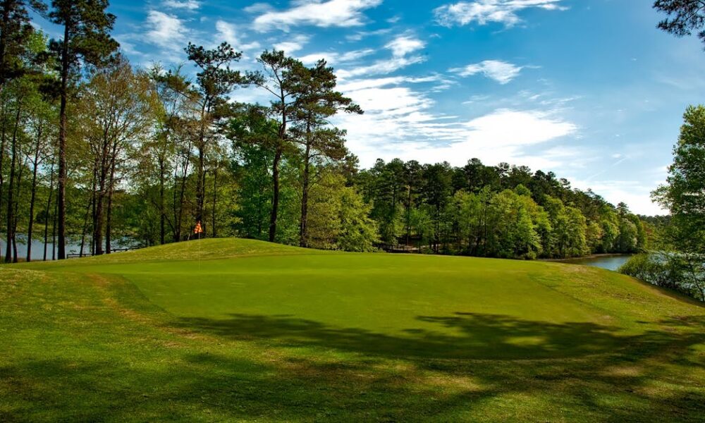 Beautiful golf course surrounded by trees and lake under a clear blue sky.