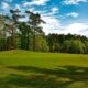 Beautiful golf course surrounded by trees and lake under a clear blue sky.