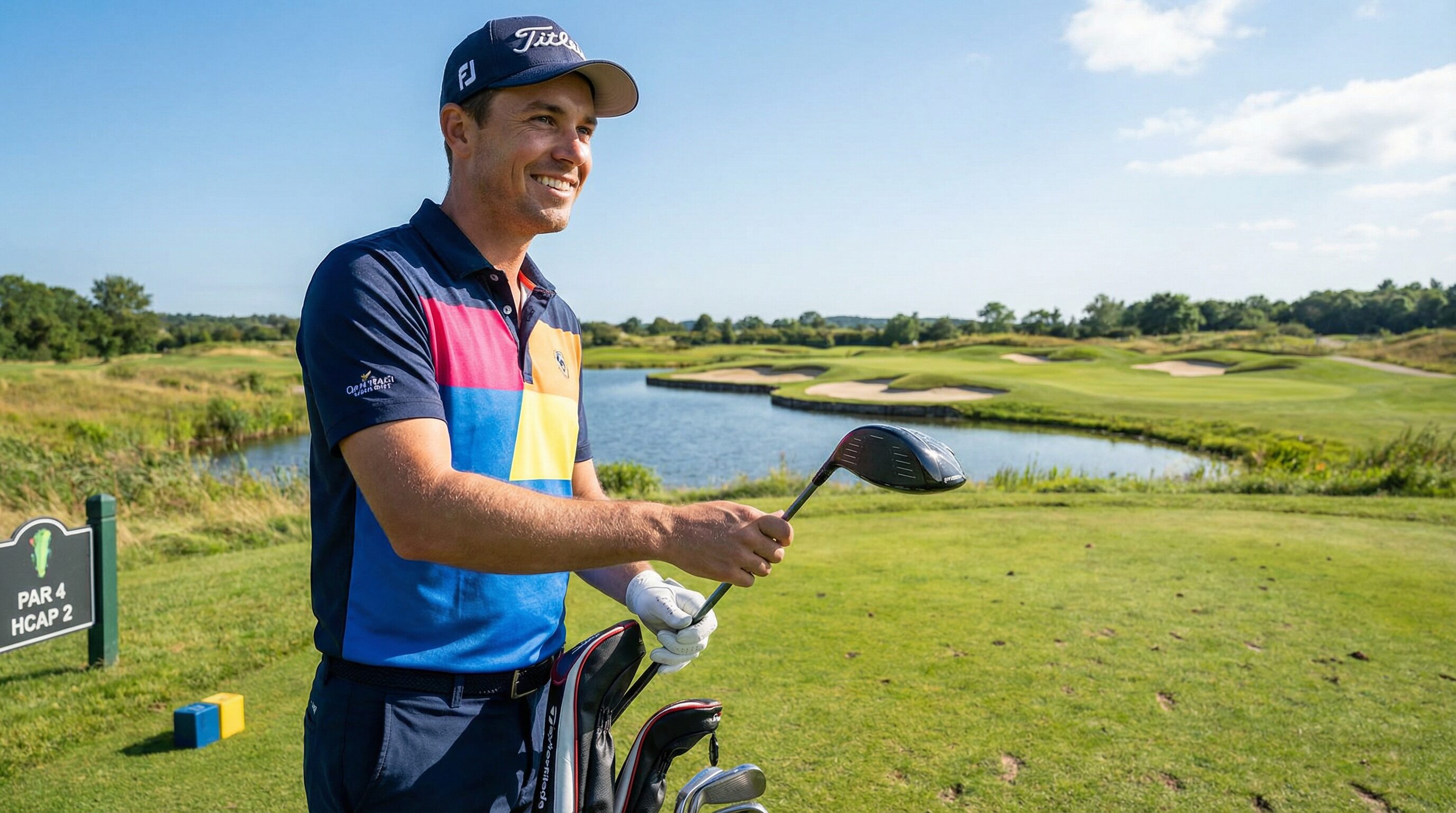 A cheerful golfer teeing up with a driver on a challenging hole, smiling despite the difficulty.