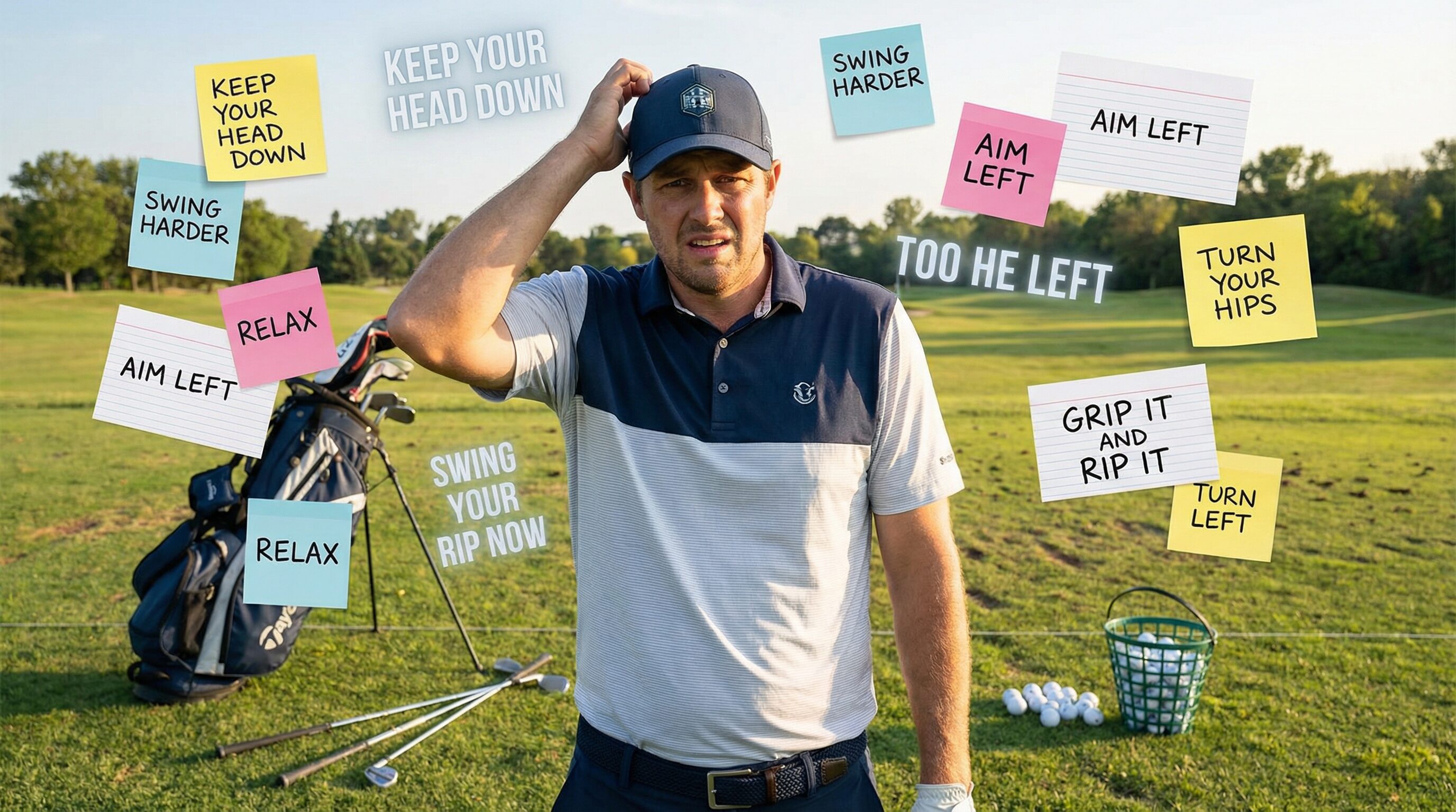 A frustrated golfer on the range surrounded by conflicting advice written on notecards, looking confused and overwhelmed.