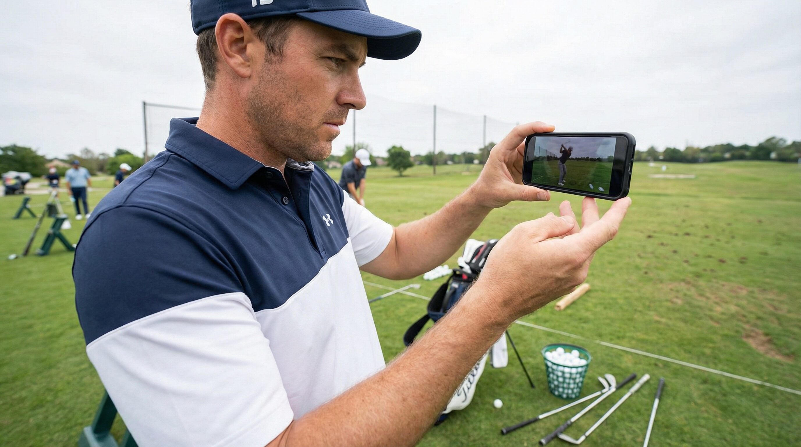 A golfer reviewing their swing on a smartphone, using video analysis to evaluate their mechanics.