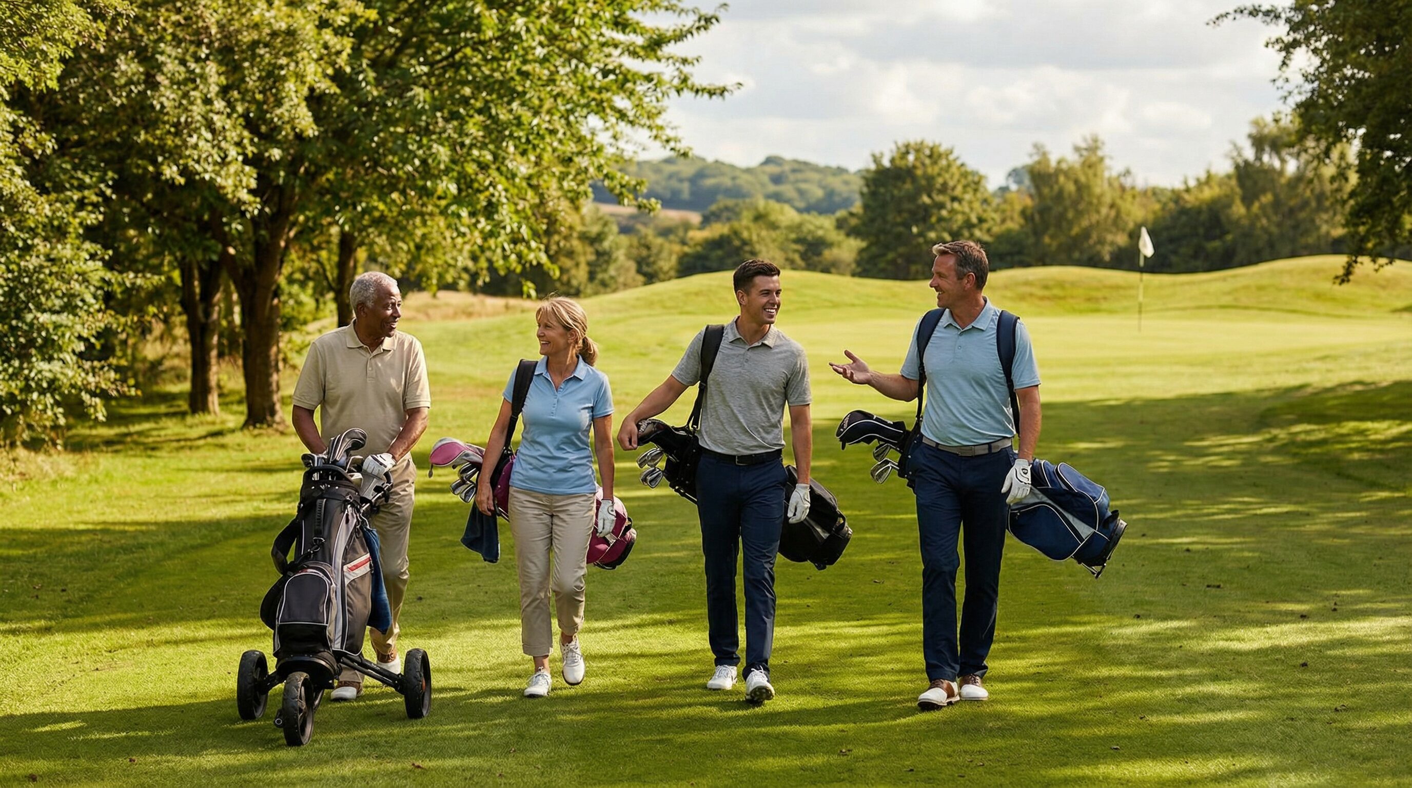 A diverse group of golfers of different ages and skill levels enjoying a round together on a beautiful golf course, showing camaraderie and respect.