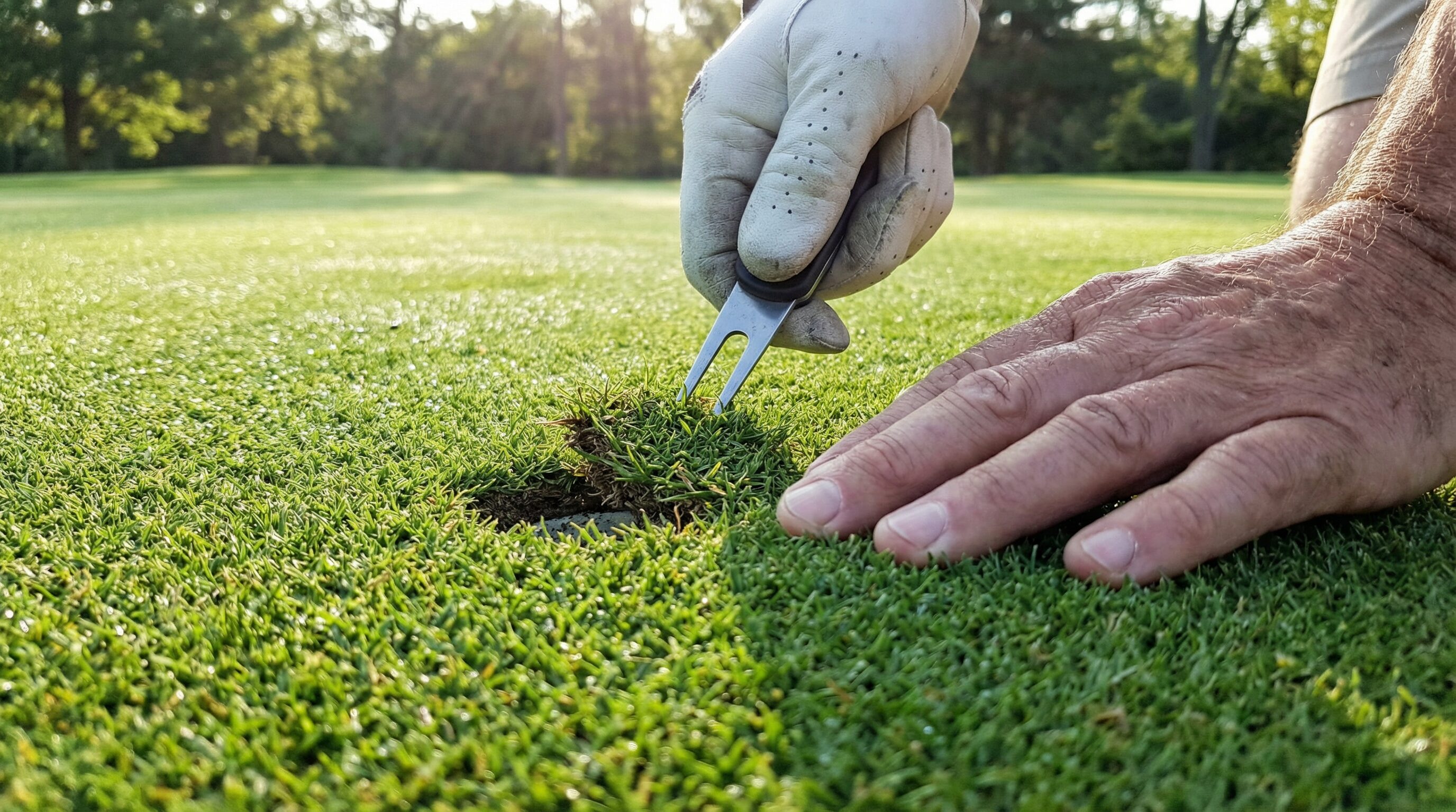 A golfer using a divot repair tool to fix a ball mark on the green, demonstrating proper course care.