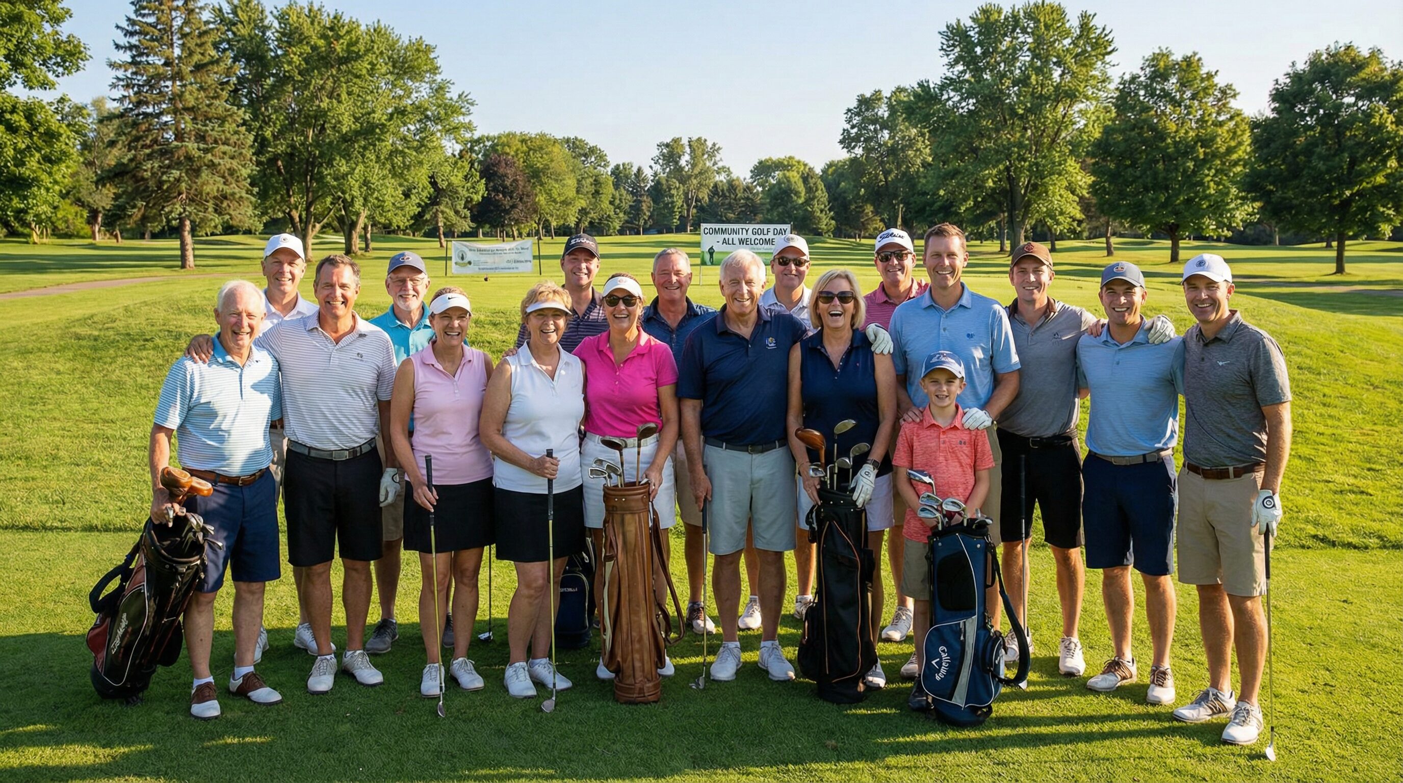 A diverse group of golfers of different skill levels standing together on a golf course, all smiling and enjoying the game together.
