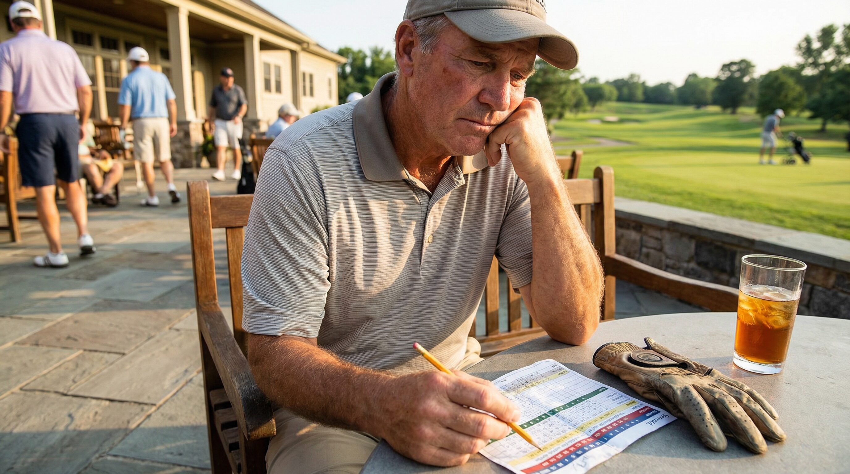 A golfer reviewing their scorecard thoughtfully, reflecting on their round and areas for improvement.