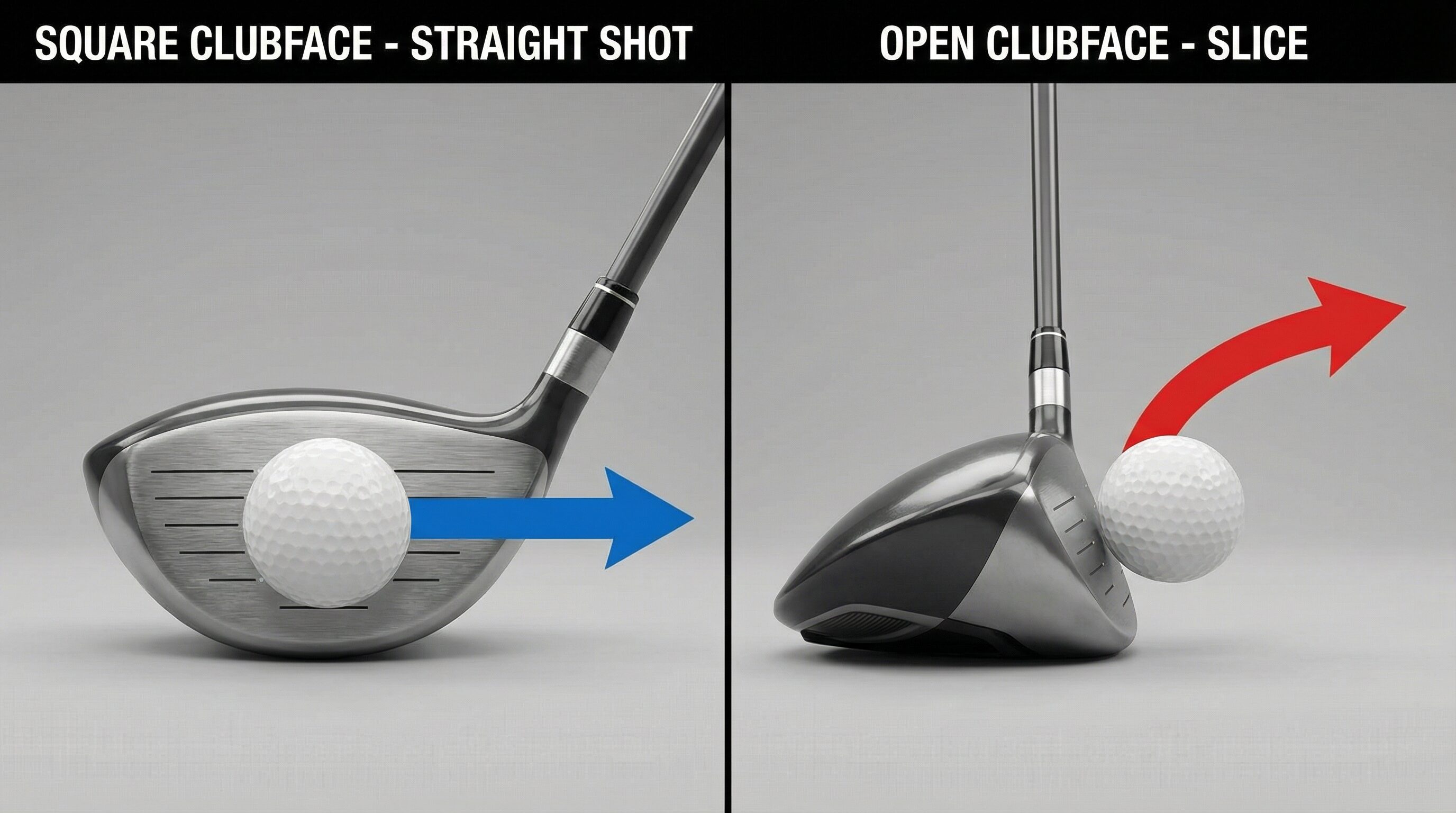 A side-by-side comparison showing a closed clubface versus an open clubface at impact, with arrows indicating ball flight direction.
