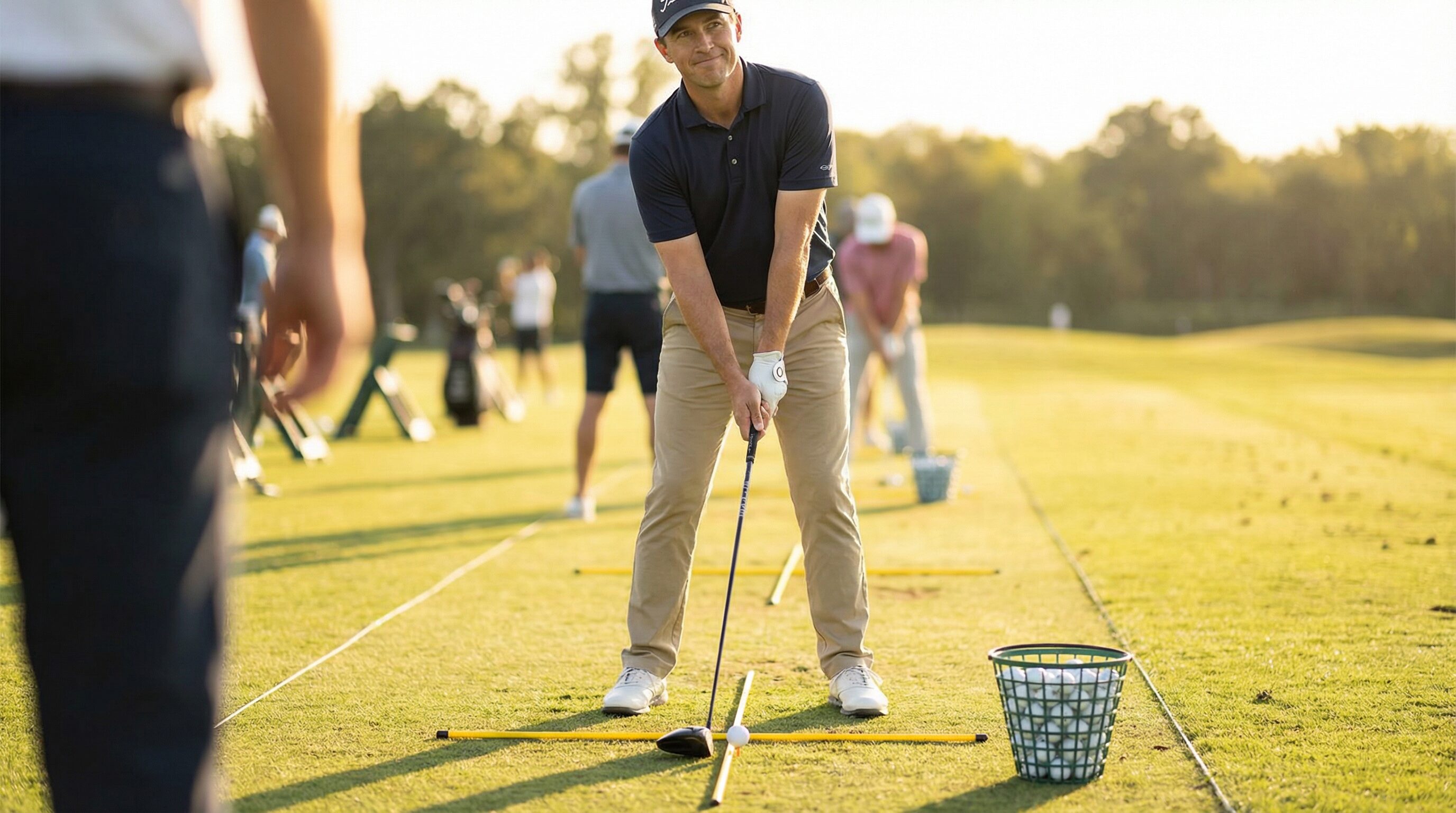 A golfer on the practice range with alignment sticks, working through drills with a focused, positive demeanor.