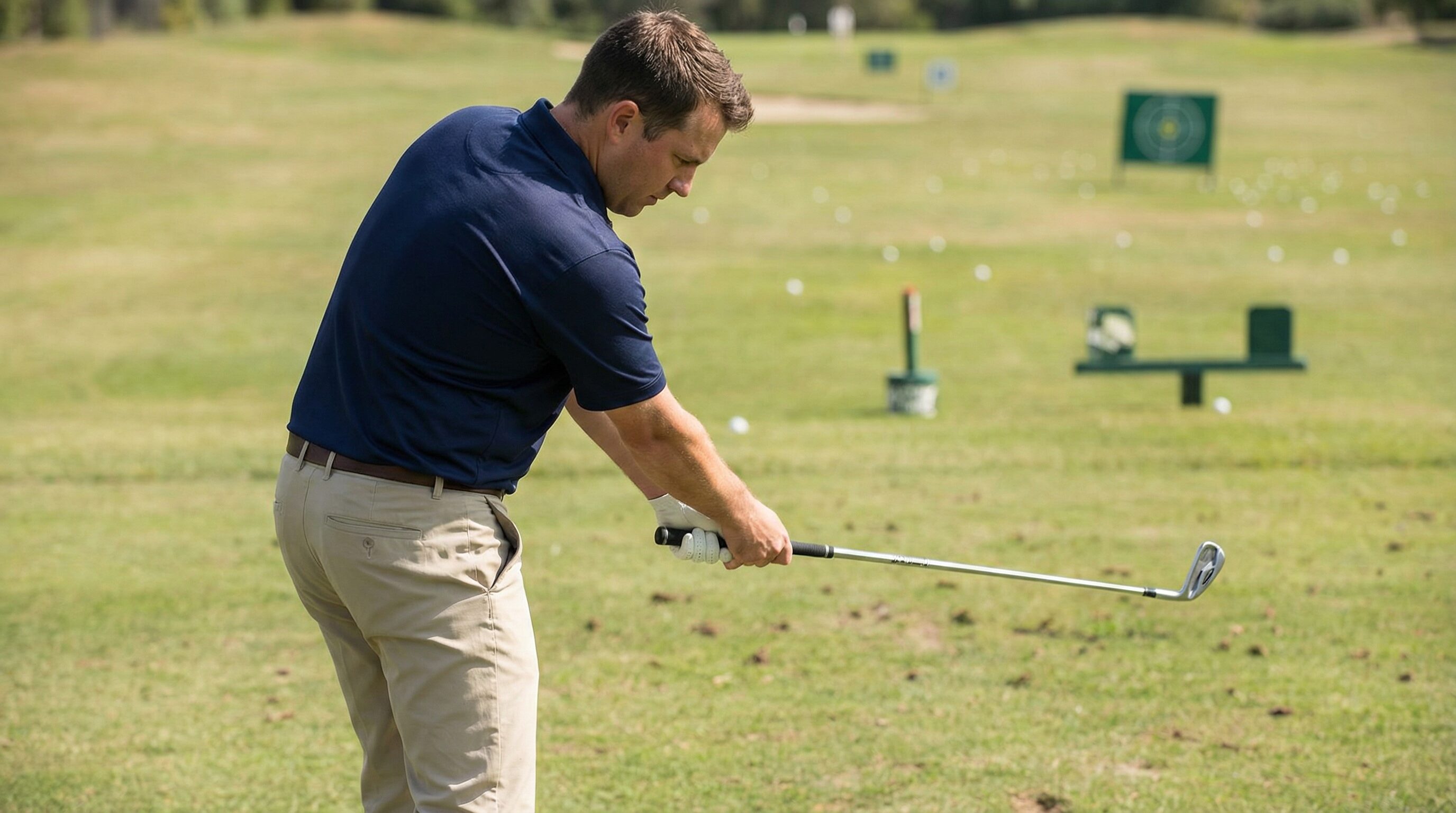 A golfer demonstrating the waist-high checkpoint drill, showing proper clubface position at waist height in the backswing.