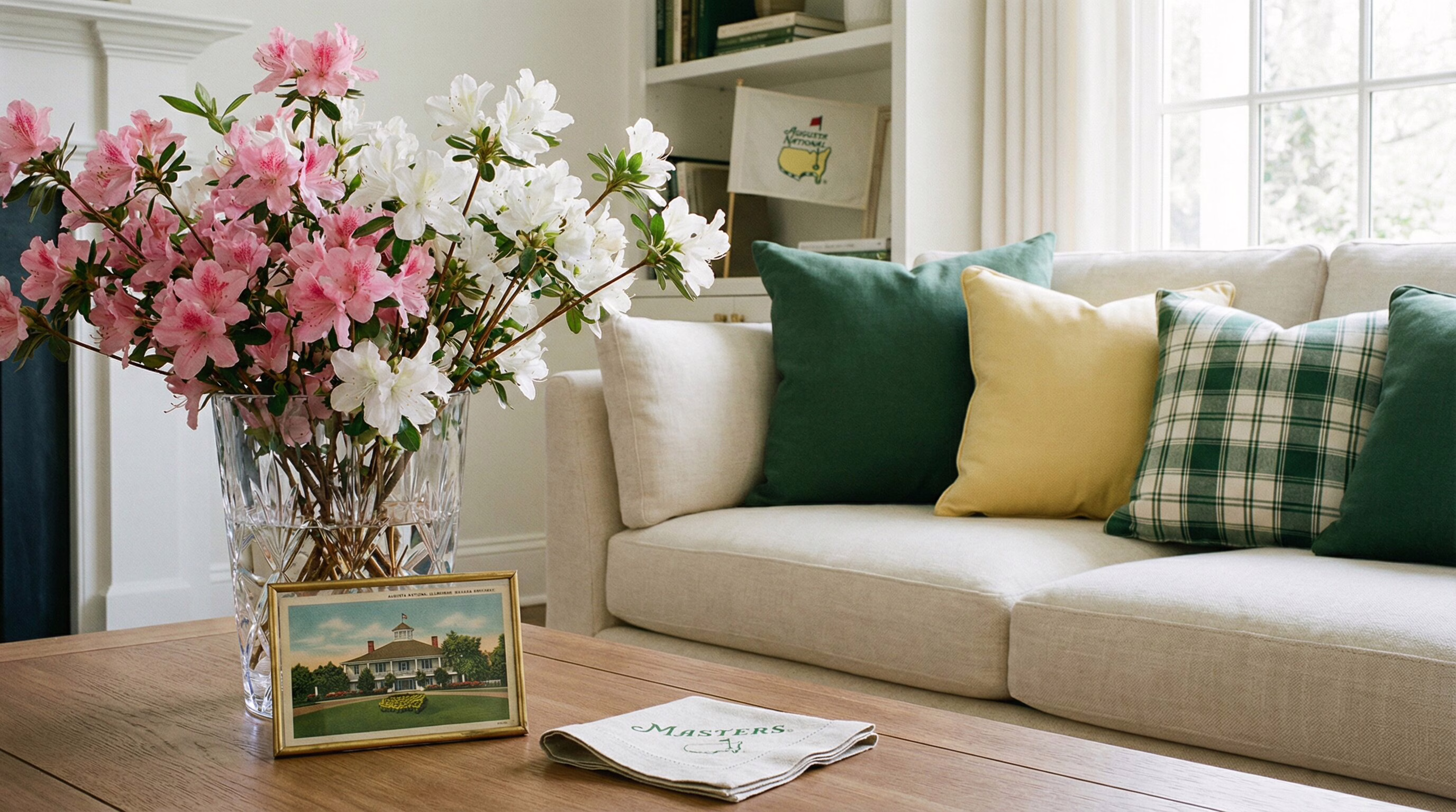 Tasteful Masters-themed decorations with azaleas and green accents