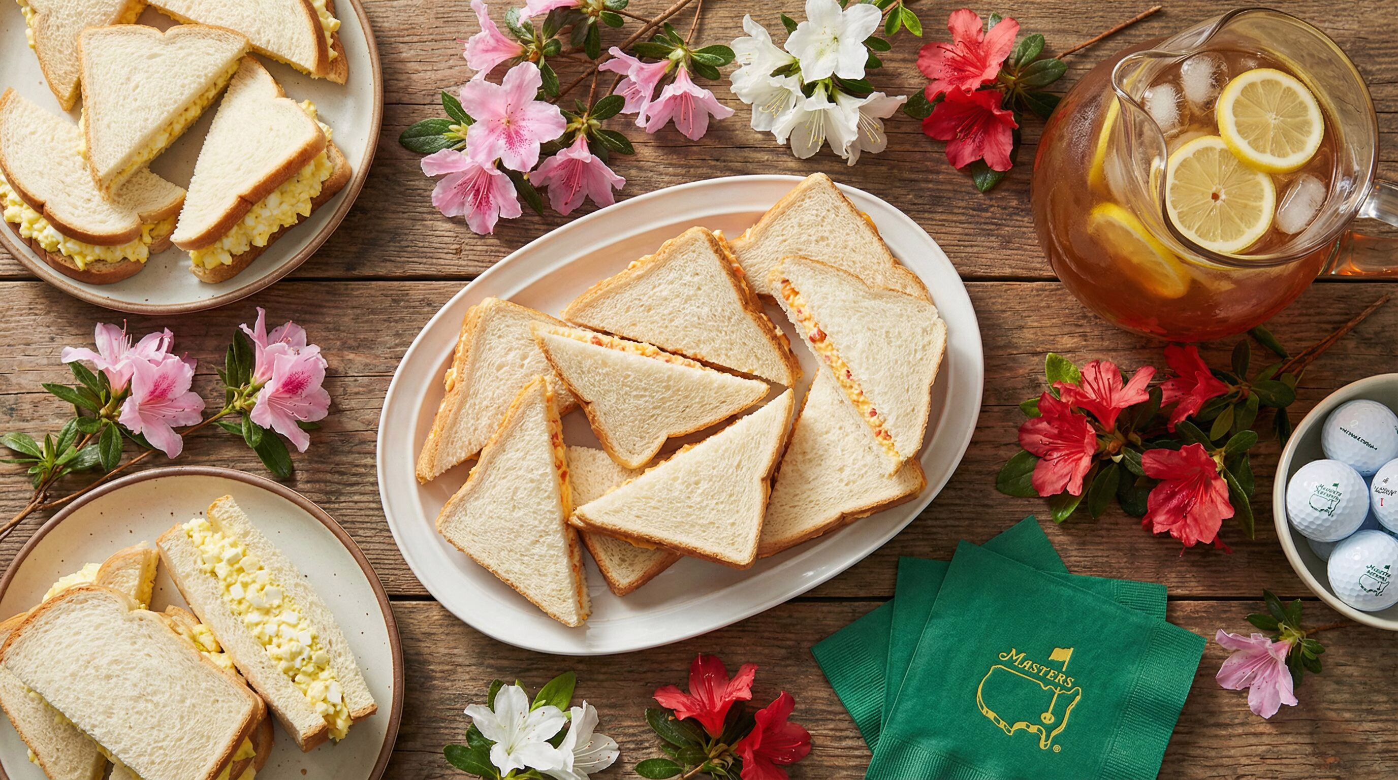 Classic Masters watch party food spread with pimento cheese and egg salad sandwiches