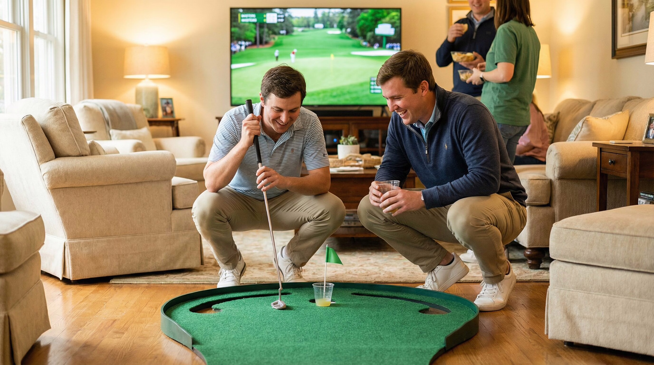 Friends playing putting during a Masters watch party commercial break