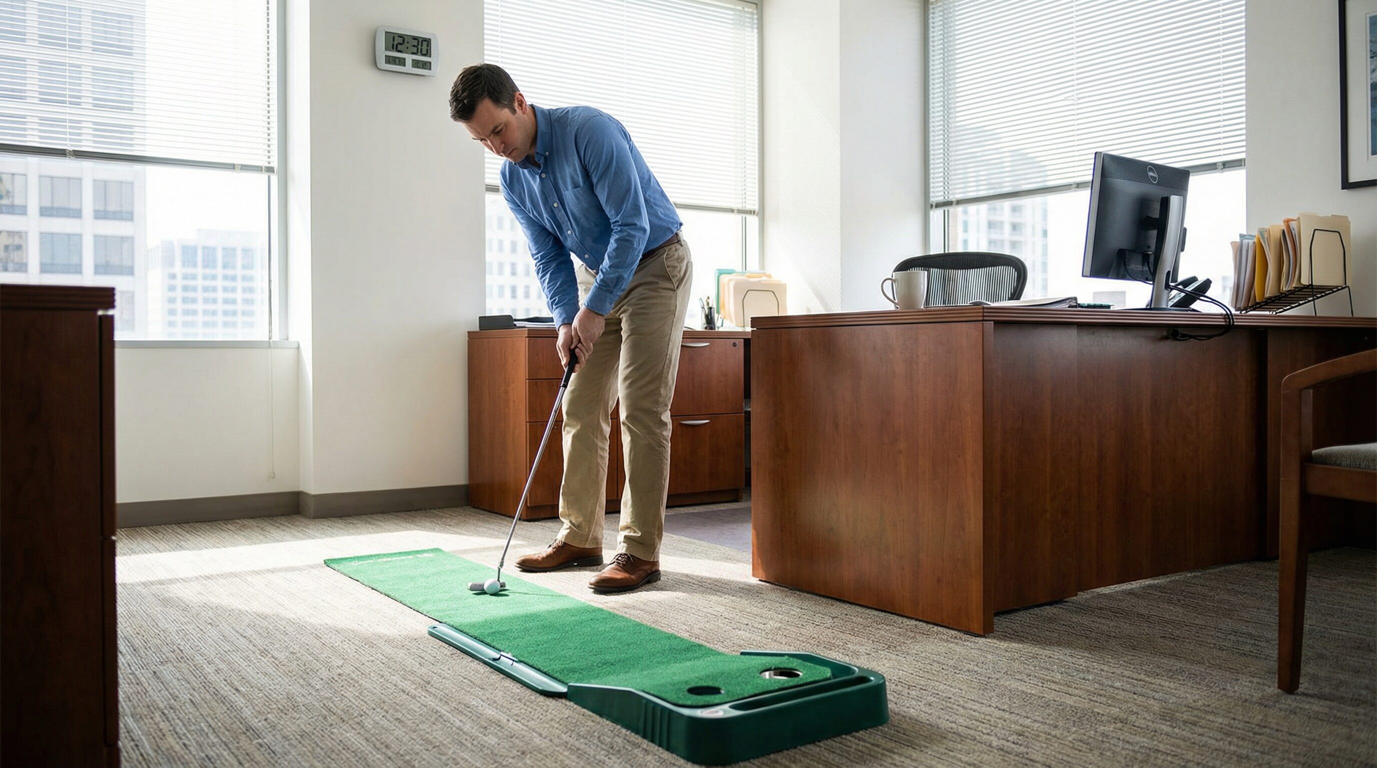 A busy professional golfer in business casual attire practicing putting in their office during a break, showing that practice can fit into any schedule.