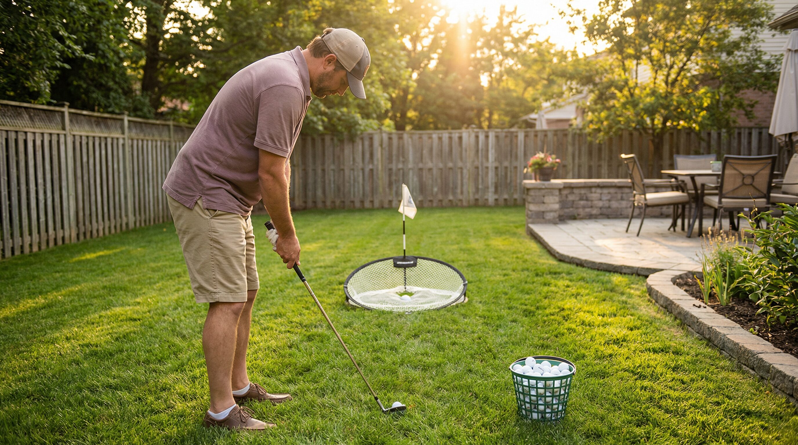 A golfer practicing chipping in their backyard with a target, demonstrating efficient at-home practice.
