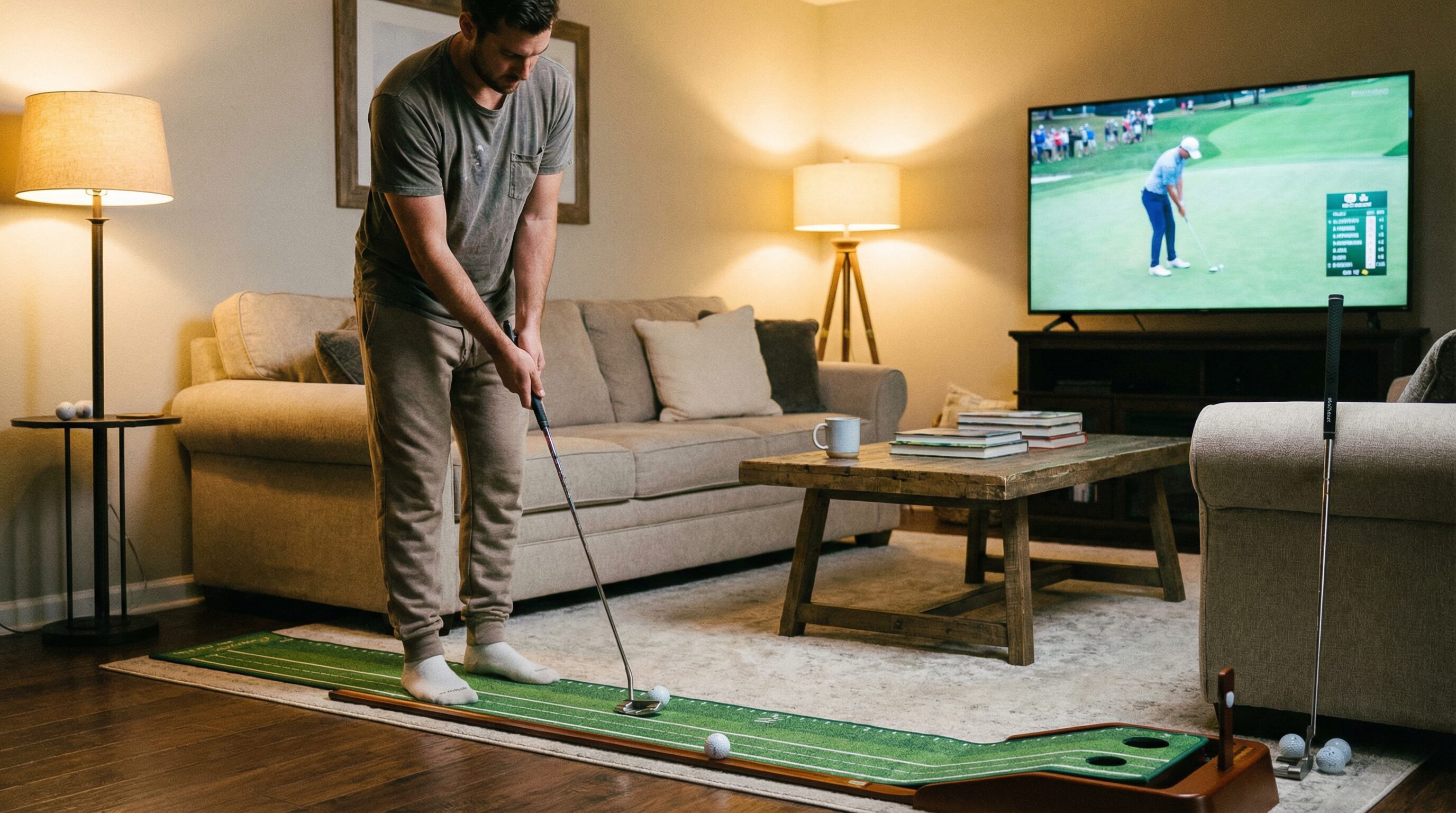 A golfer using a putting mat in their living room, showing how practice can be integrated into daily home life.