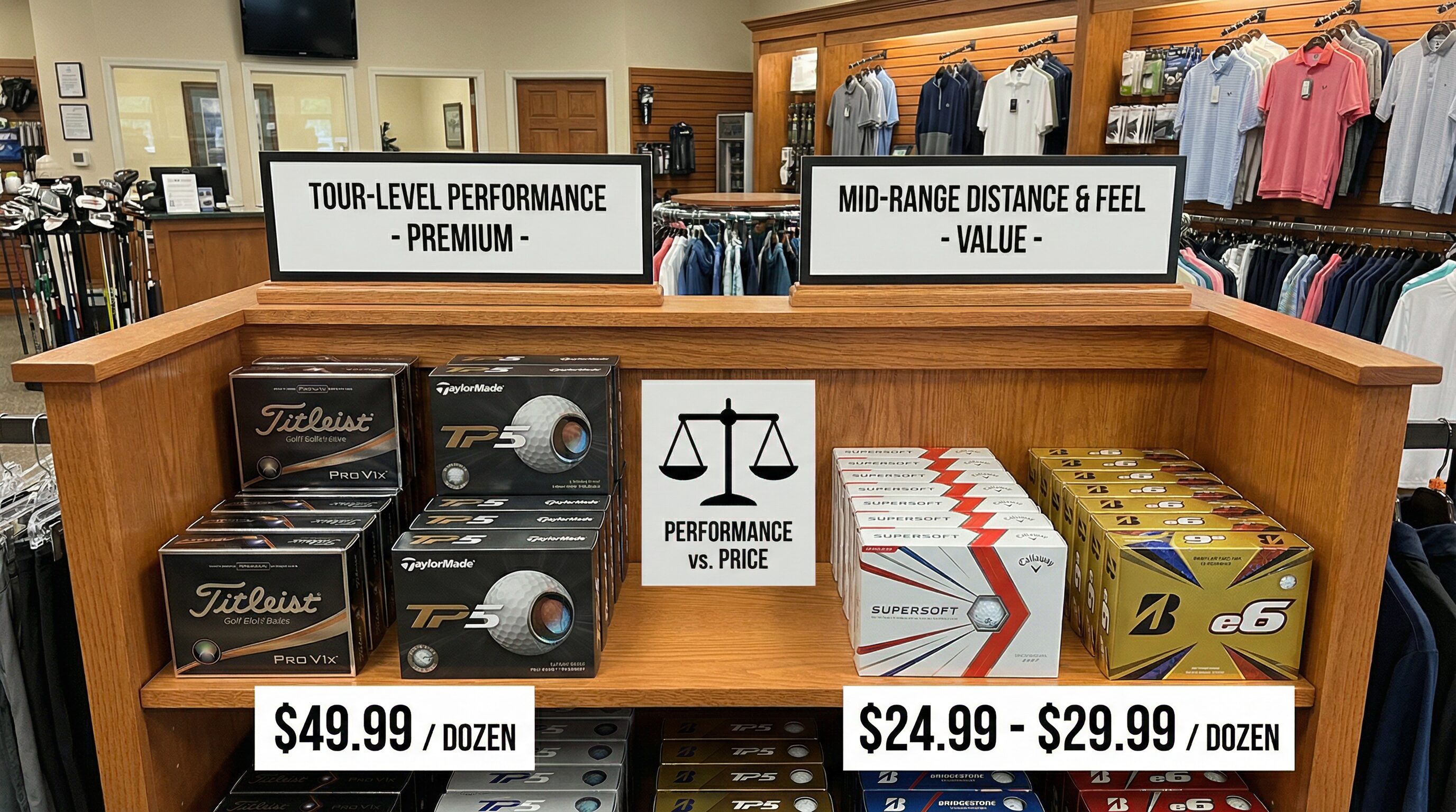 A comparison display showing expensive tour-level golf balls next to mid-range balls designed for average golfers, with price tags visible.