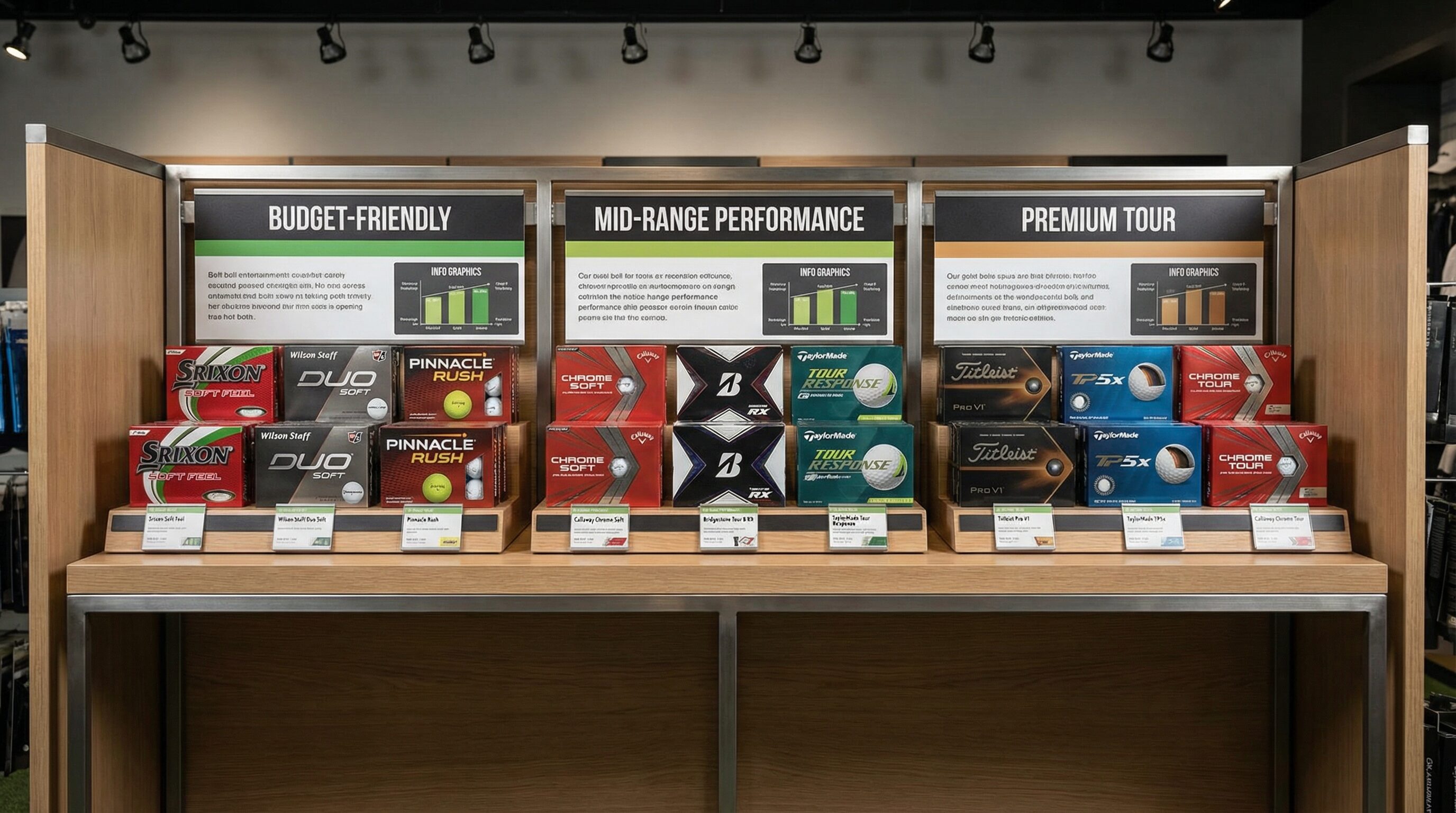 A selection of recommended golf balls arranged by category: budget-friendly, mid-range, and premium options.