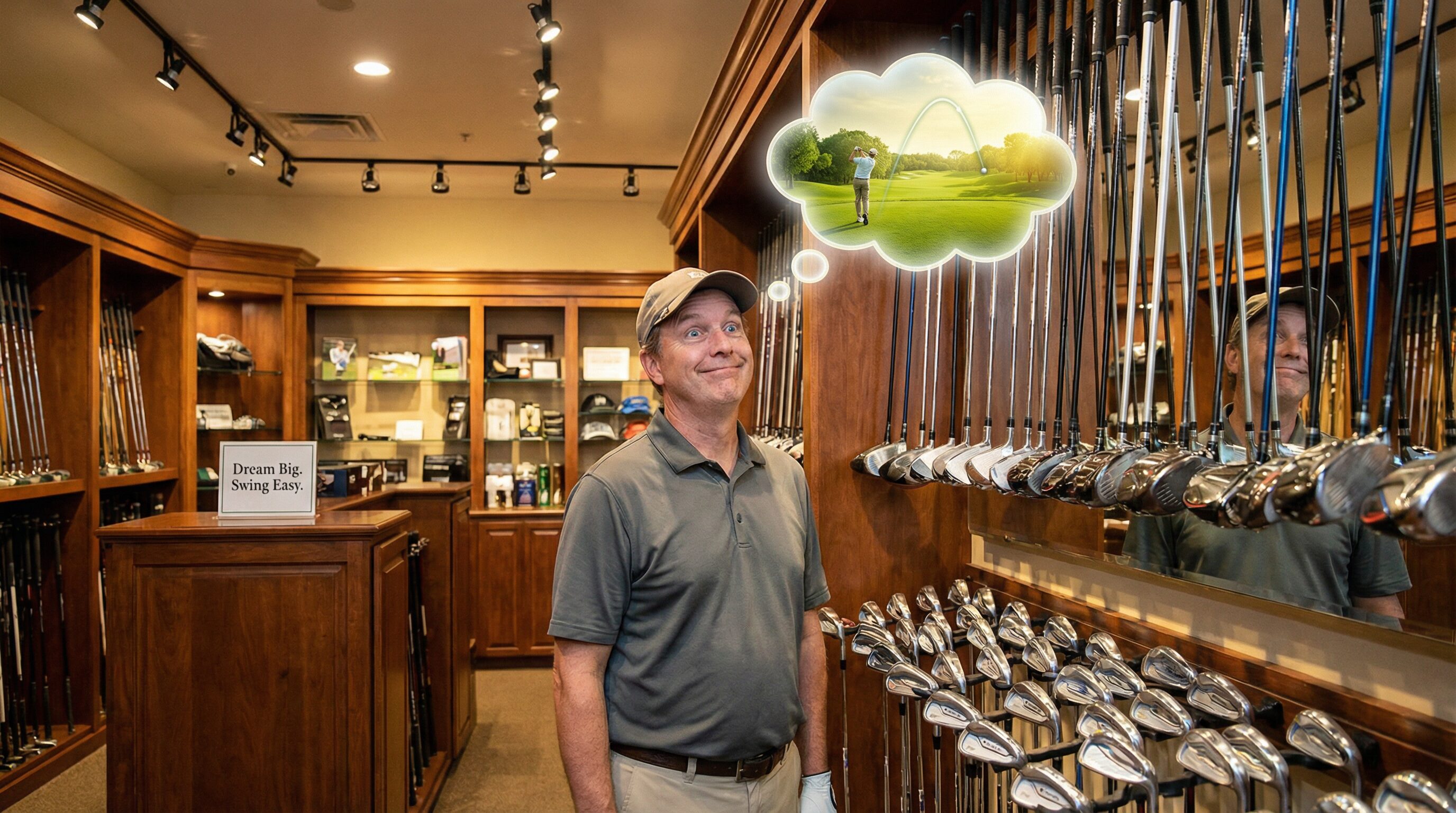 A golfer standing in a pro shop surrounded by shiny new clubs, looking mesmerized by the display, with a thought bubble showing them hitting perfect shots.