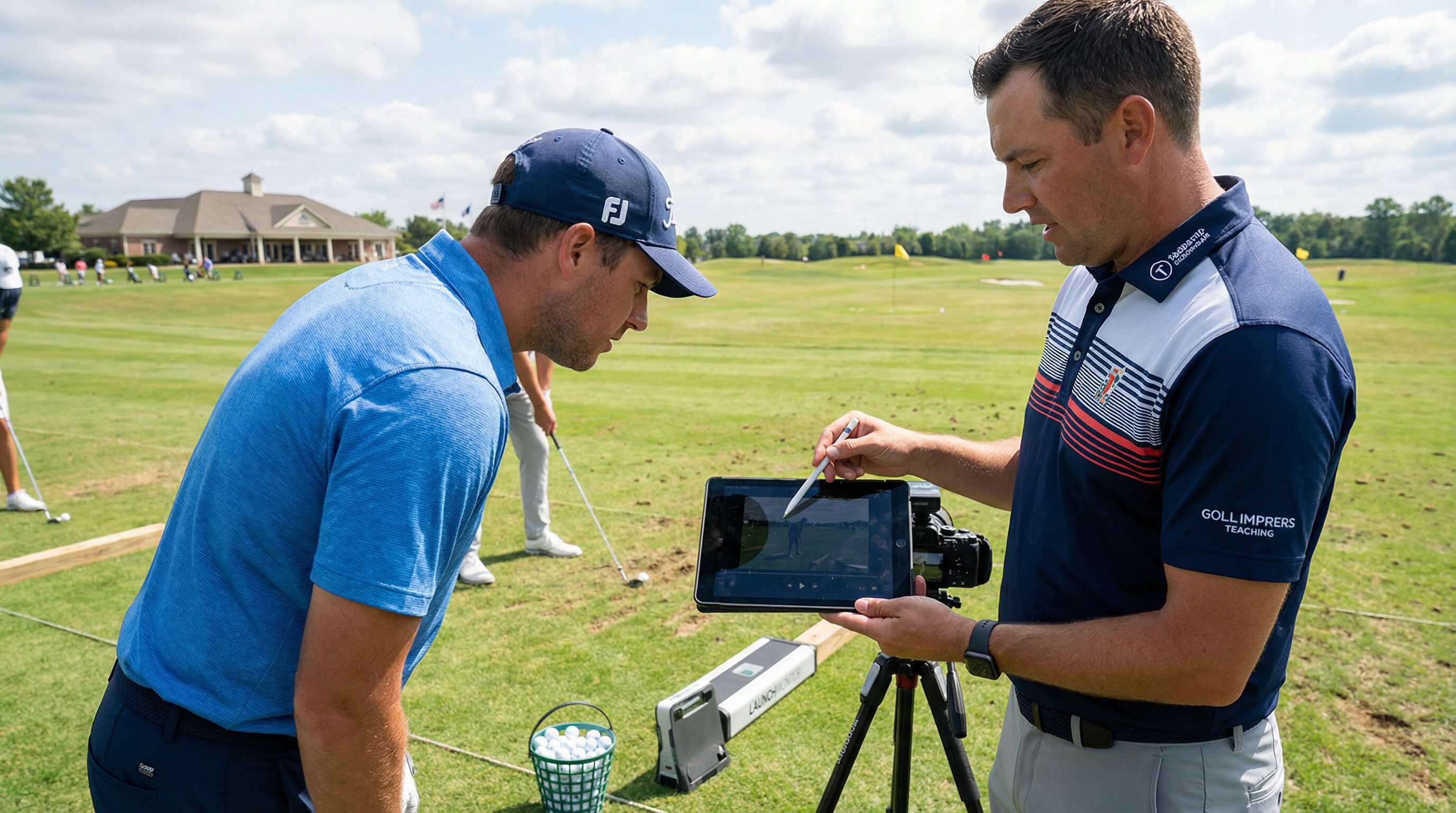 A golfer taking a lesson with a teaching pro on the range, with the pro using video analysis on a tablet to show swing flaws.