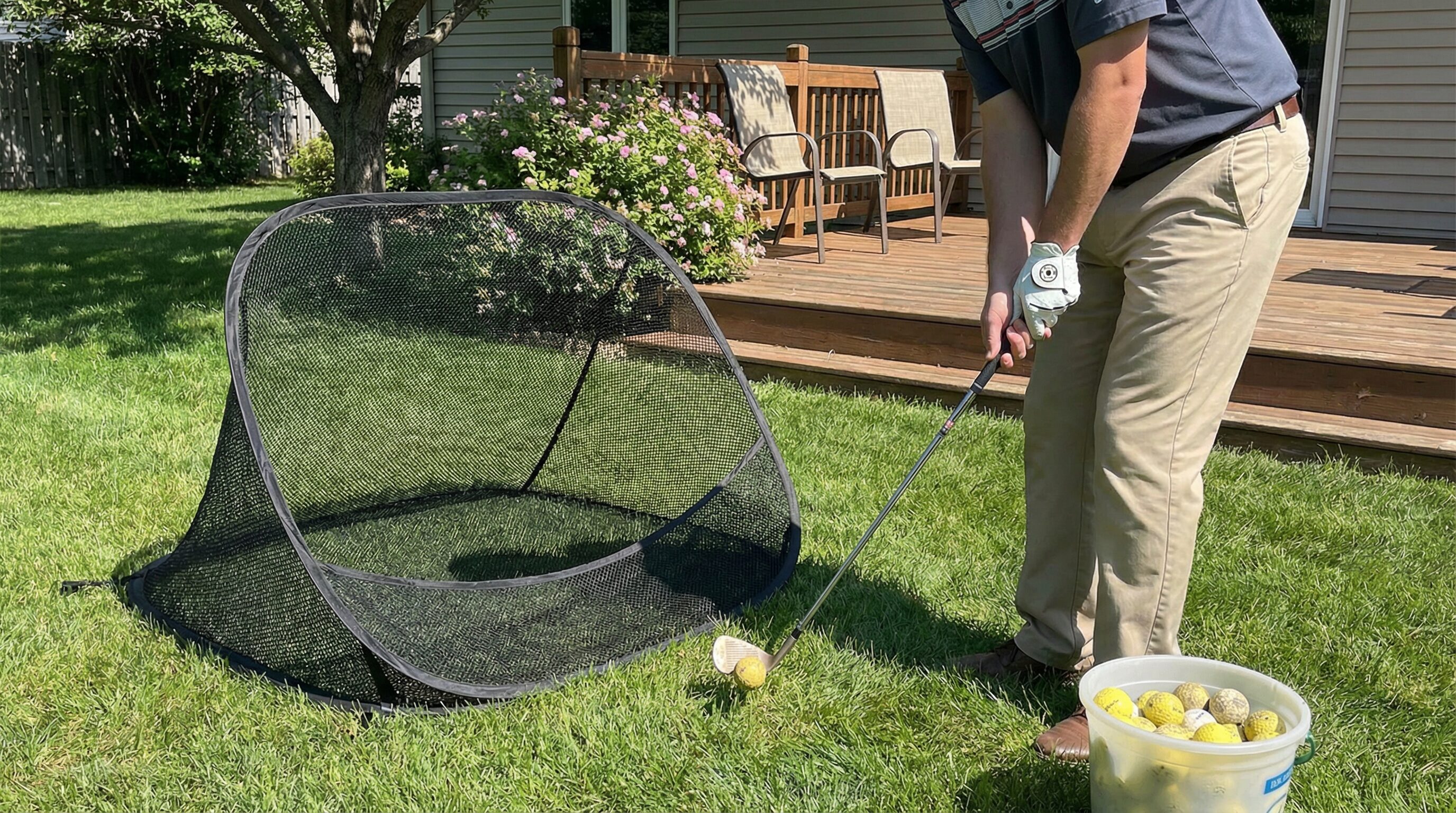 A golfer practicing their short game in their backyard with a chipping net and practice balls, showing dedication to improvement.