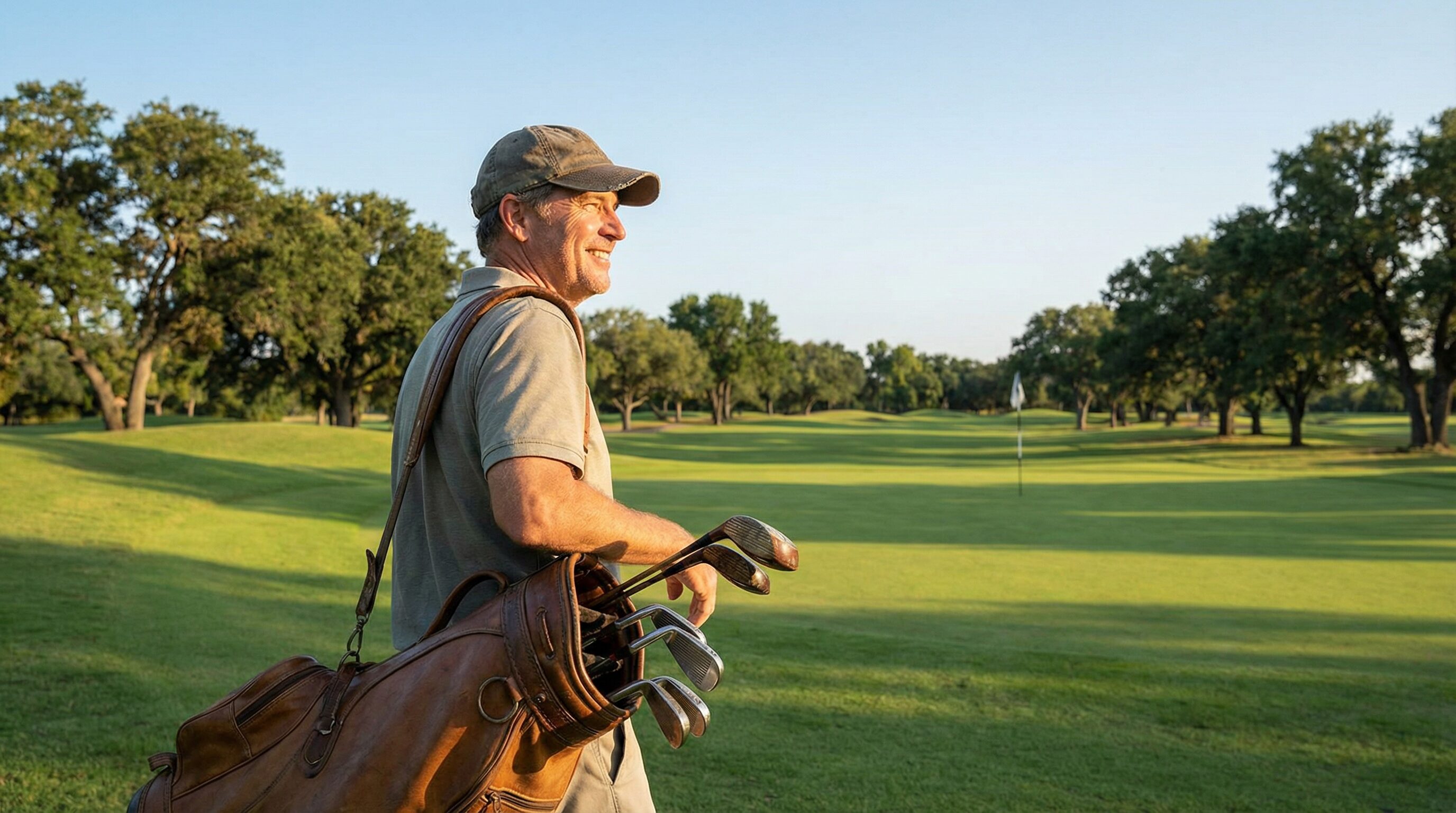 A content golfer walking down a fairway with an older set of clubs, smiling and enjoying the game, with beautiful scenery in the background.