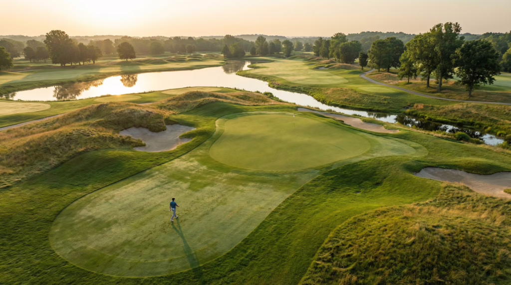aerial view of golf course green showing terrain and slope