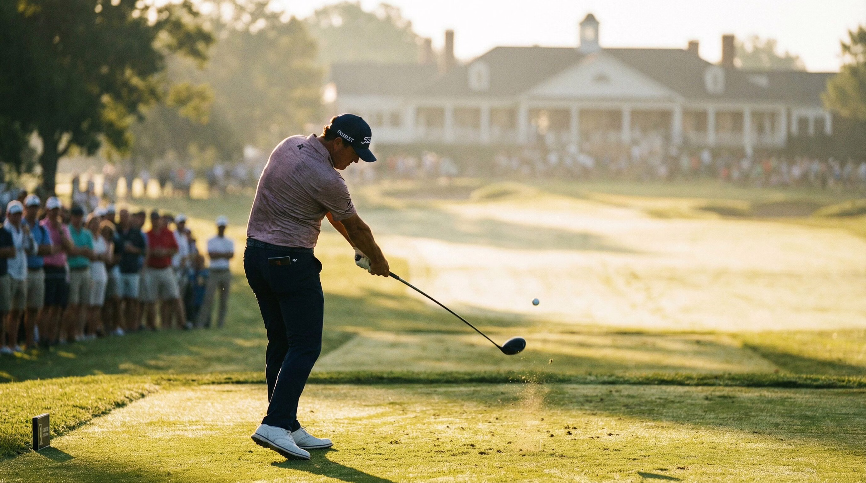 Golfer hitting driver from tee box on championship course, early morning golden hour lighting