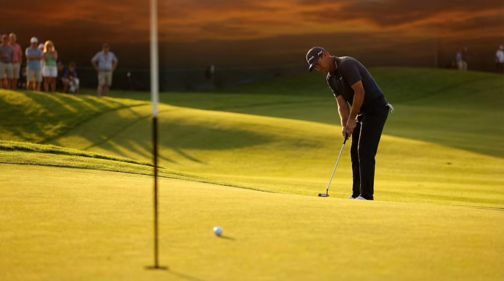 golfer adjusting for green speed on downhill putt