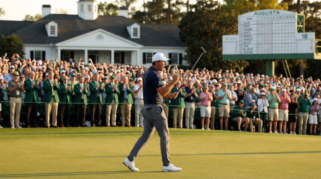 golfer celebrating at Augusta National 18th green Masters 2026