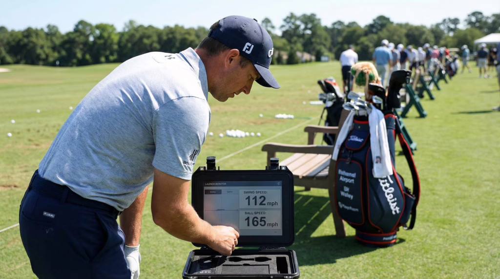 golfer checking driver swing speed data