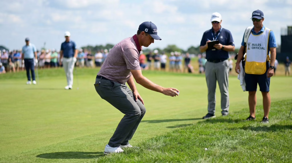 golfer taking a rules drop unplayable lie golf rule

