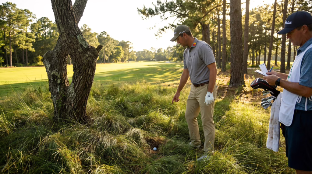 golfer evaluating unplayable lie golf rule options in the rough