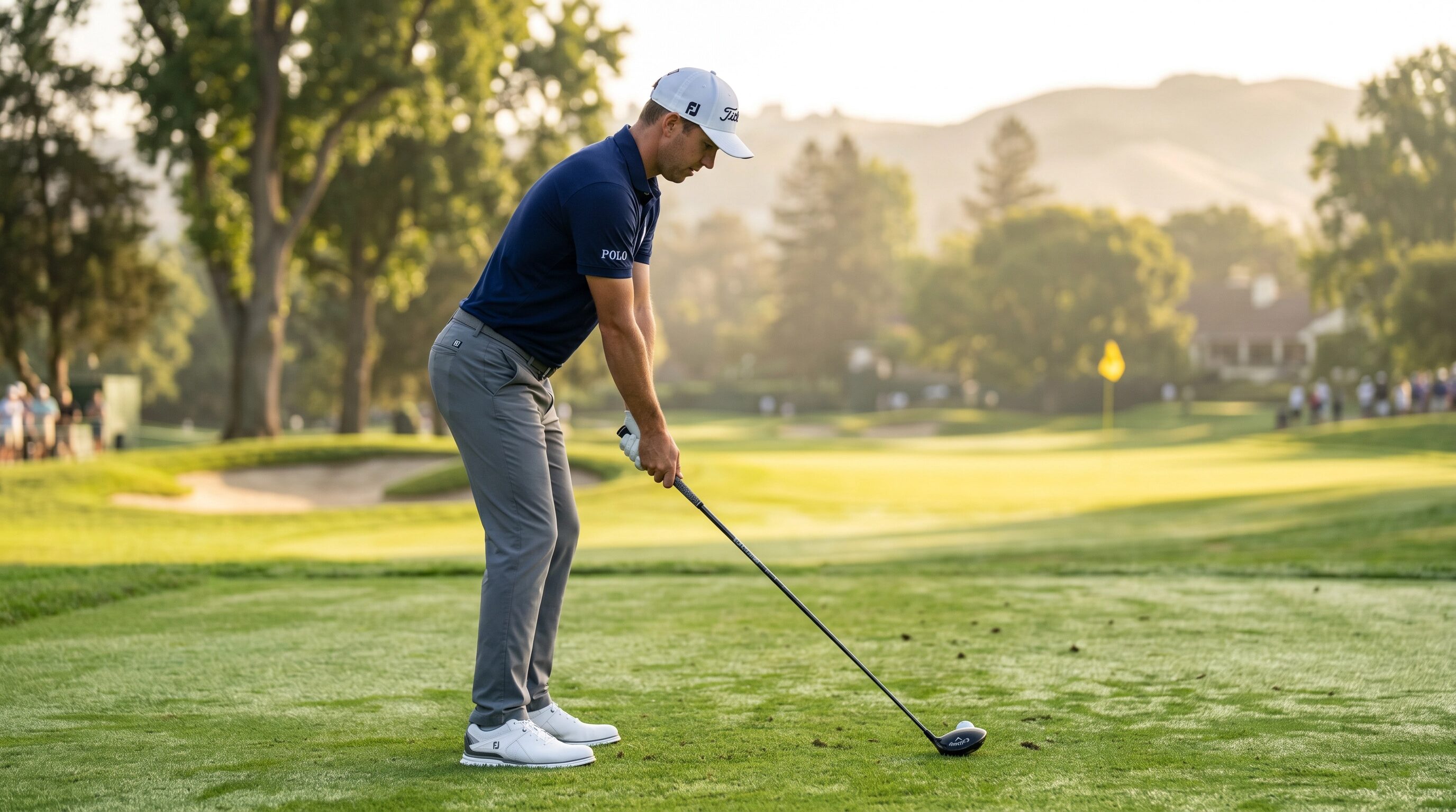 male golfer wearing spiked golf shoes at address on championship fairway