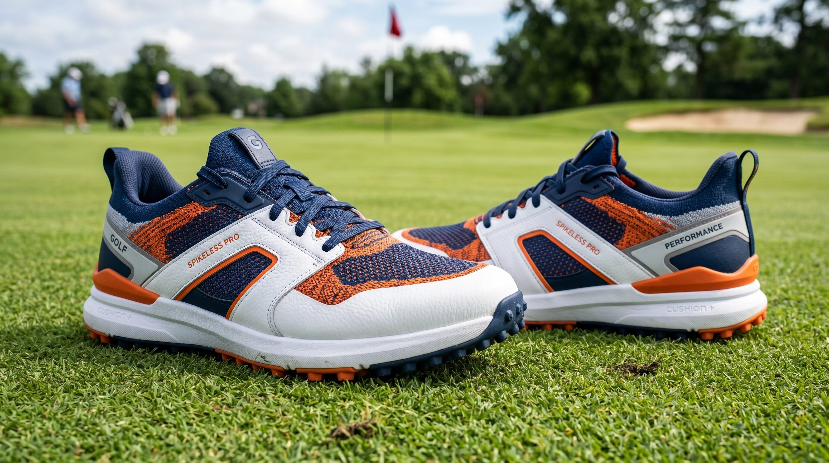 modern athletic spikeless golf shoes on a golf course green
