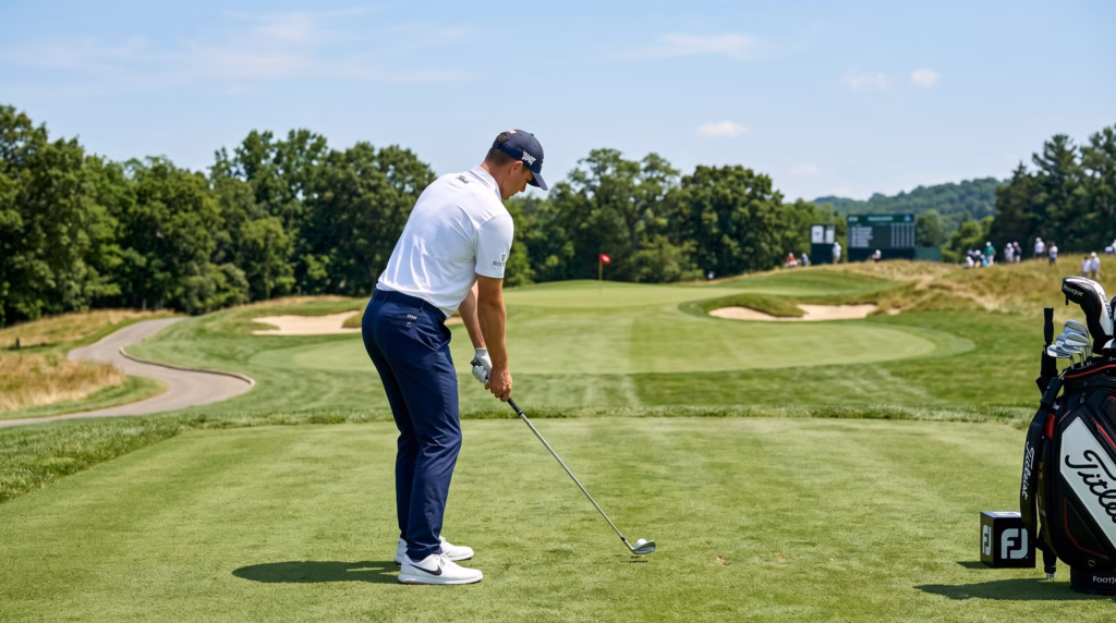Golfer demonstrating open stance setup for a fade shot on a championship golf course