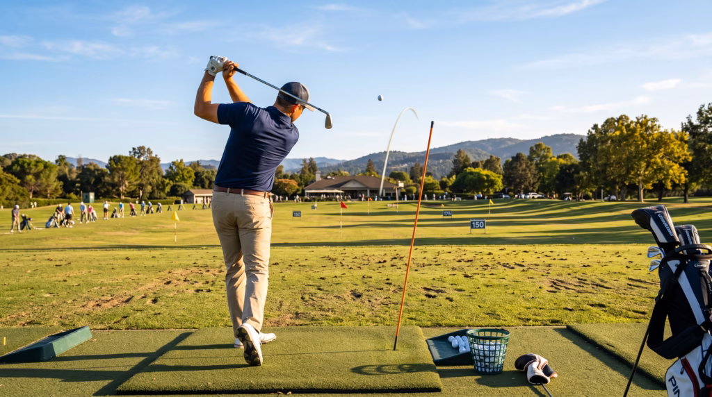 Golfer practicing a fade drill on a driving range with an alignment stick gate, ball flight curving left to right