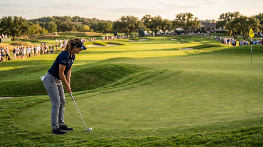 Golfer over a long lag putt on a championship green how to stop three-putting