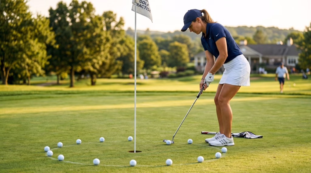 Golfer practicing the circle drill with balls arranged around the hole on a practice green