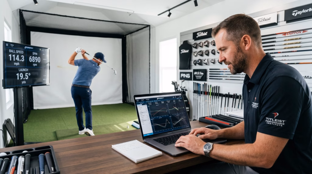 golf club fitting session with launch monitor and iron data