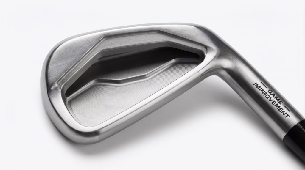 Close-up of cavity back game improvement iron showing perimeter weighting and deep cavity design best irons for high handicappers