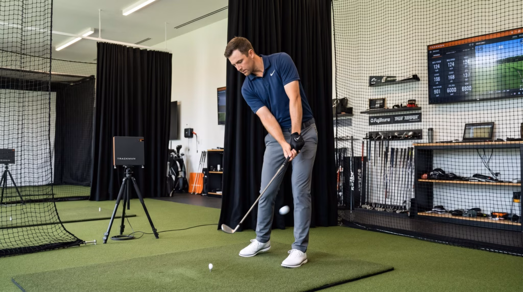 golfer testing players distance irons on launch monitor