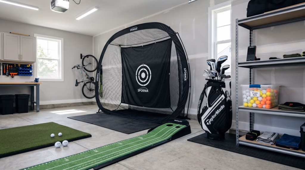 home golf practice setup with hitting net and putting mat in garage