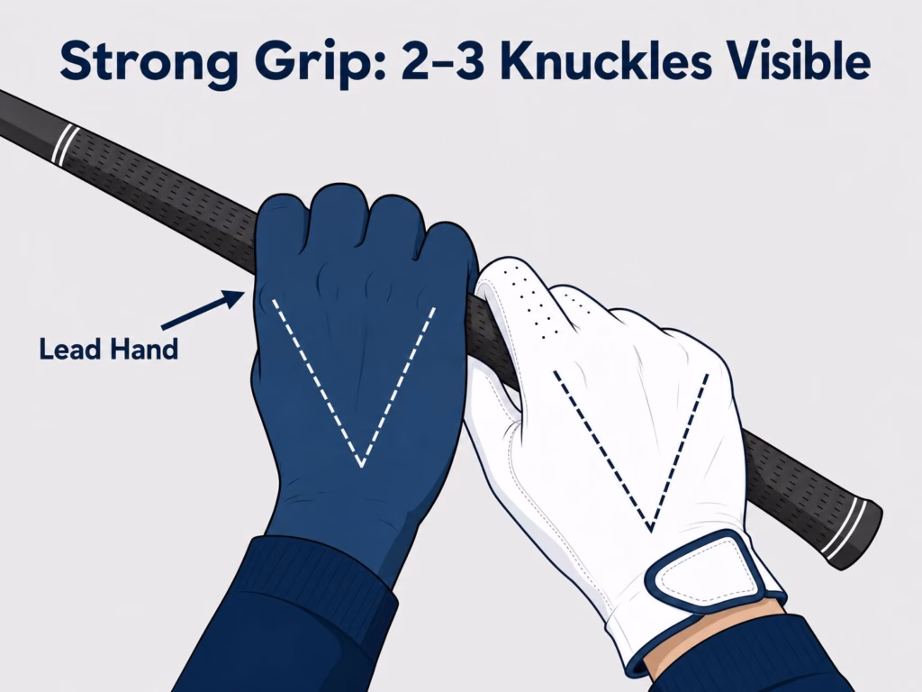 Strong grip diagram showing 2-3 knuckles visible on the lead hand