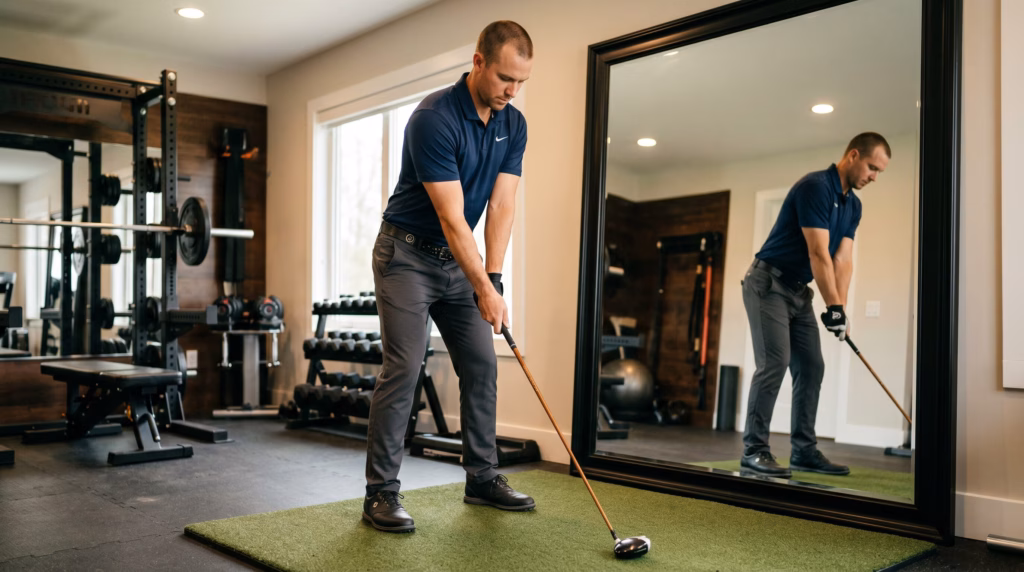 golfer practicing golf swing in front of mirror at home