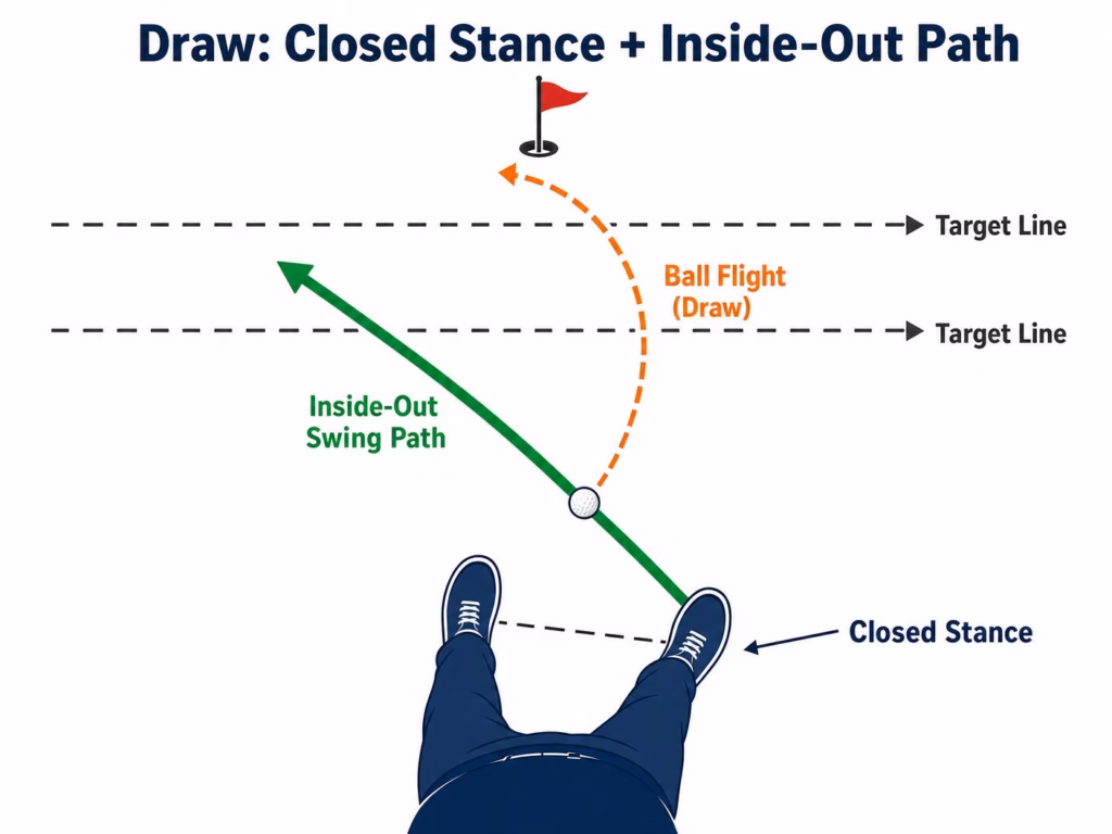 Overhead alignment diagram showing closed stance and inside-out swing path for a draw