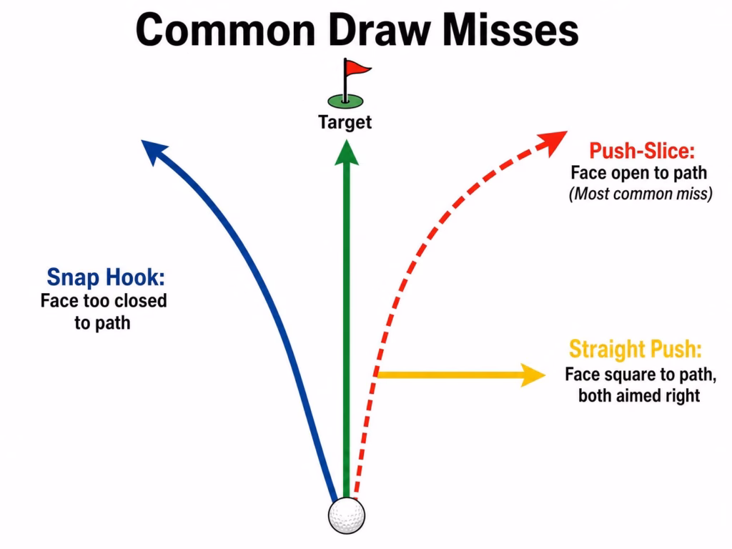 Common draw misses diagram showing push-slice, straight push, and snap hook. Hit a draw