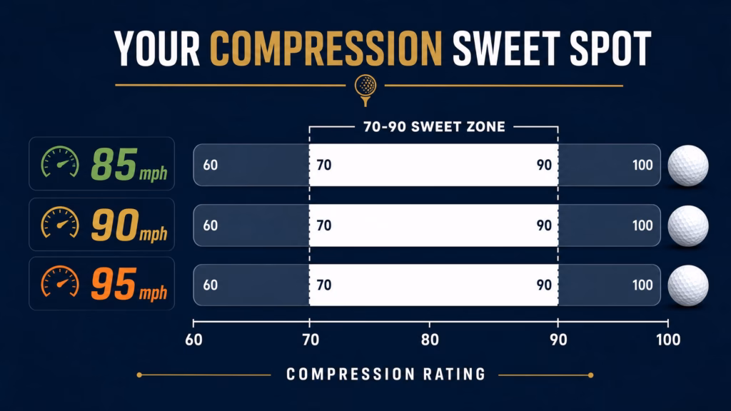 Your Compression Sweet Spot infographic showing the 70-90 compression sweet zone for 85, 90, and 95 mph swing speeds. Best Golf Balls for 90 mph Swing speeds