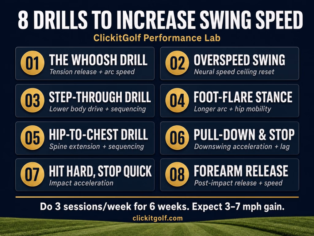 Infographic summarizing all 8 swing speed drills with the 6-week training protocol increase swing speed