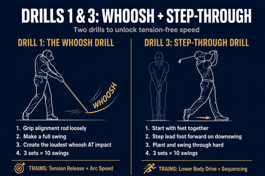 Infographic showing Drill 1 (Whoosh Drill) and Drill 3 (Step-Through Drill) with step-by-step instructions