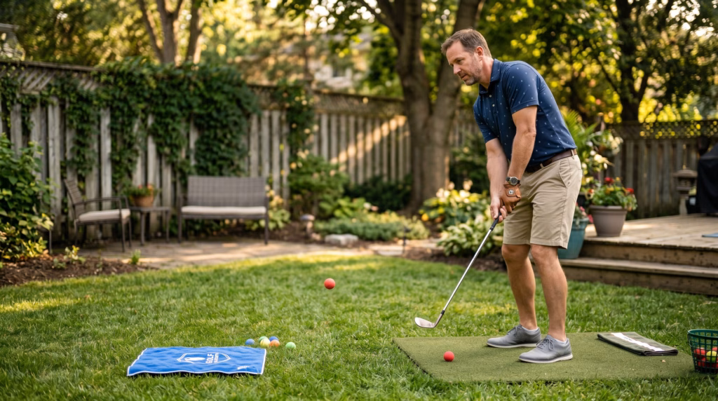 golfer practicing chipping drill in backyard with towel landing zone
