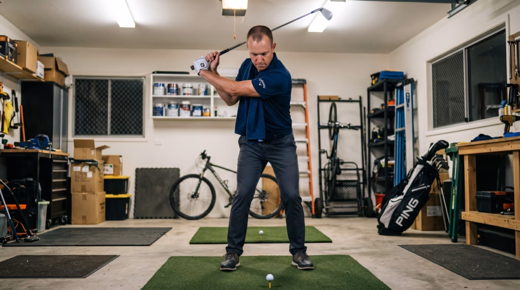 Practice golf at home performing swing drill in garage with towel under arms